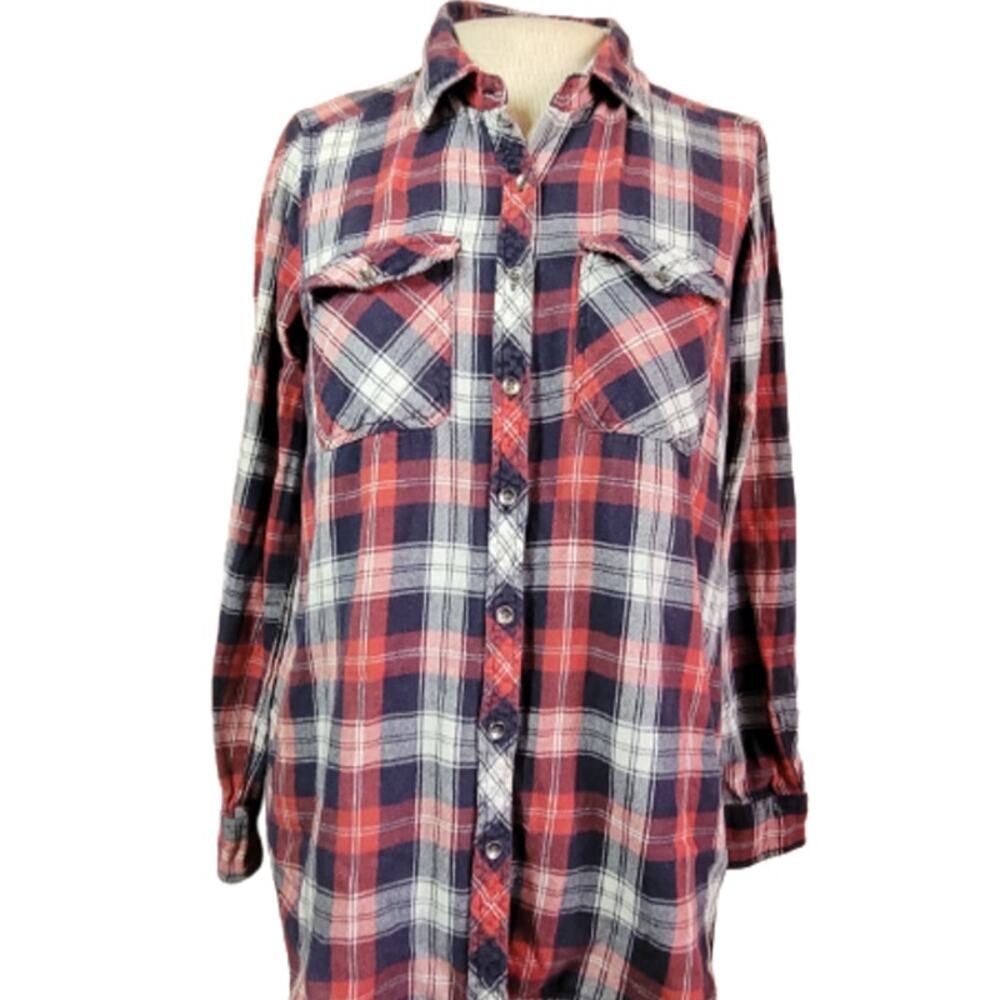Red White and Blue Plaid Button Up Flannel Shirt Size Small